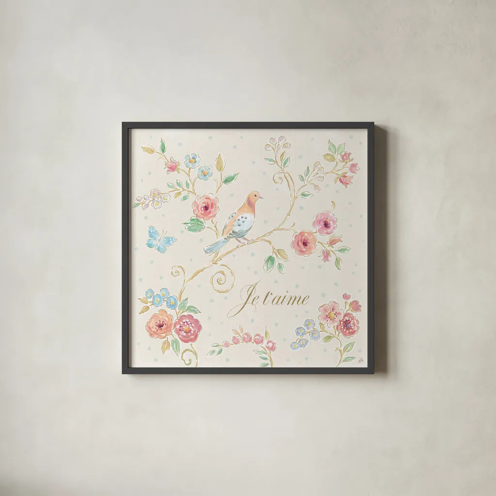 Spring Fling III Light by Daphne Brissonnet. Shown in a sleek black glass frame for a contemporary gallery look. Available as an archival giclee rolled canvas, fine art paper, or poster print. SKU 69878a.