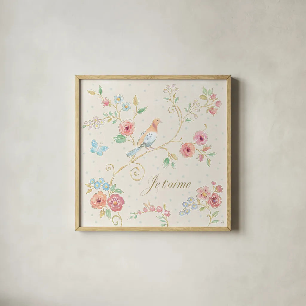 Spring Fling III Light by Daphne Brissonnet. Shown in a natural wood glass frame for a timeless modern aesthetic. Available as an archival giclee rolled canvas, fine art paper, or poster print. SKU 69878a.