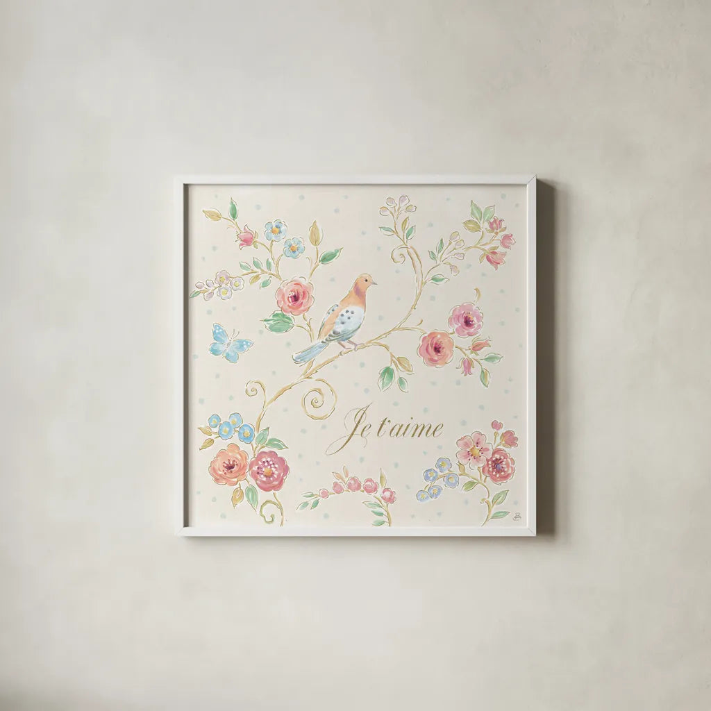 Spring Fling III Light by Daphne Brissonnet. Shown in a crisp white glass frame for a clean and minimalist style. Available as an archival giclee rolled canvas, fine art paper, or poster print. SKU 69878a.