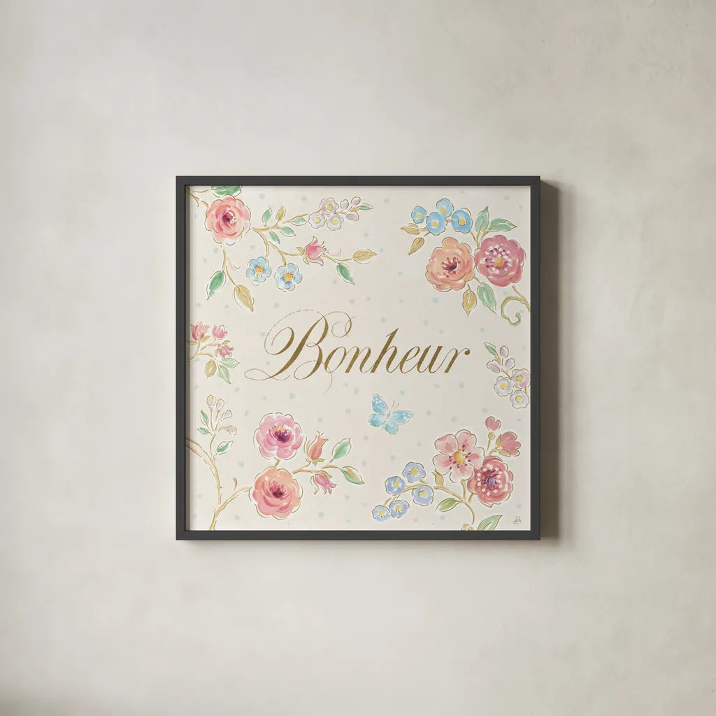 Spring Fling VI by Daphne Brissonnet. Shown in a sleek black glass frame for a contemporary gallery look. Available as an archival giclee rolled canvas, fine art paper, or poster print. SKU 69872a.