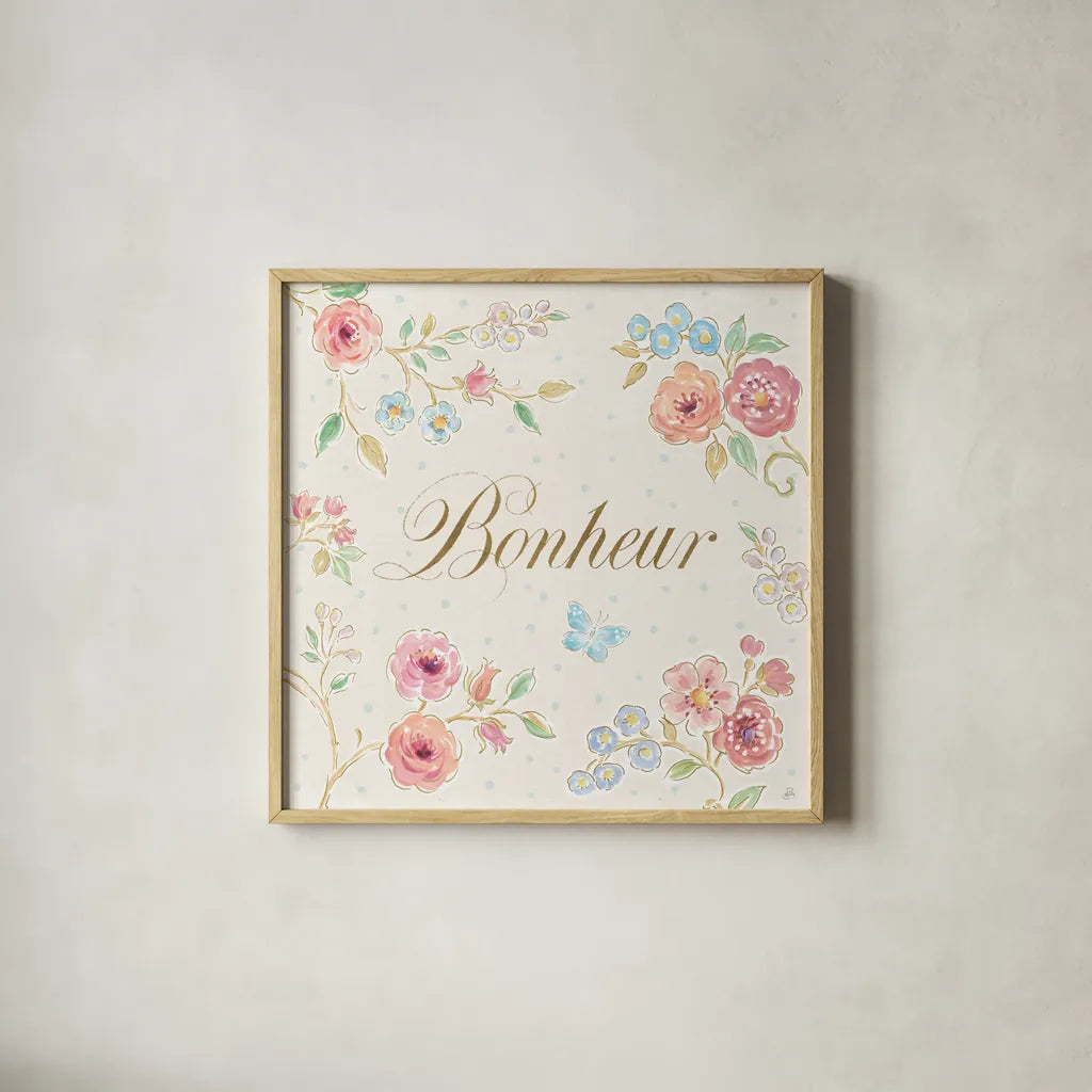 Spring Fling VI by Daphne Brissonnet. Shown in a natural wood glass frame for a timeless modern aesthetic. Available as an archival giclee rolled canvas, fine art paper, or poster print. SKU 69872a.