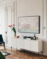 Springtime IV by Daphne Brissonnet. shown as a framed stretched canvas in a living room above a console. Available as a archival giclee rolled canvas, fine art paper, or poster print. SKU 48558i.