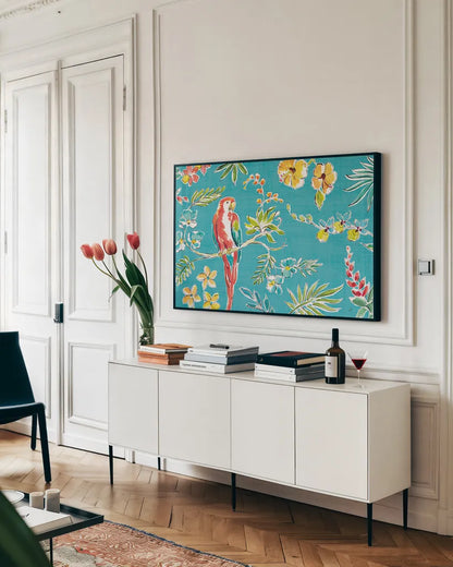 Tropical Oasis I by Daphne Brissonnet. shown as a framed stretched canvas in a living room above a console. Available as a archival giclee rolled canvas, fine art paper, or poster print. SKU 34959i.