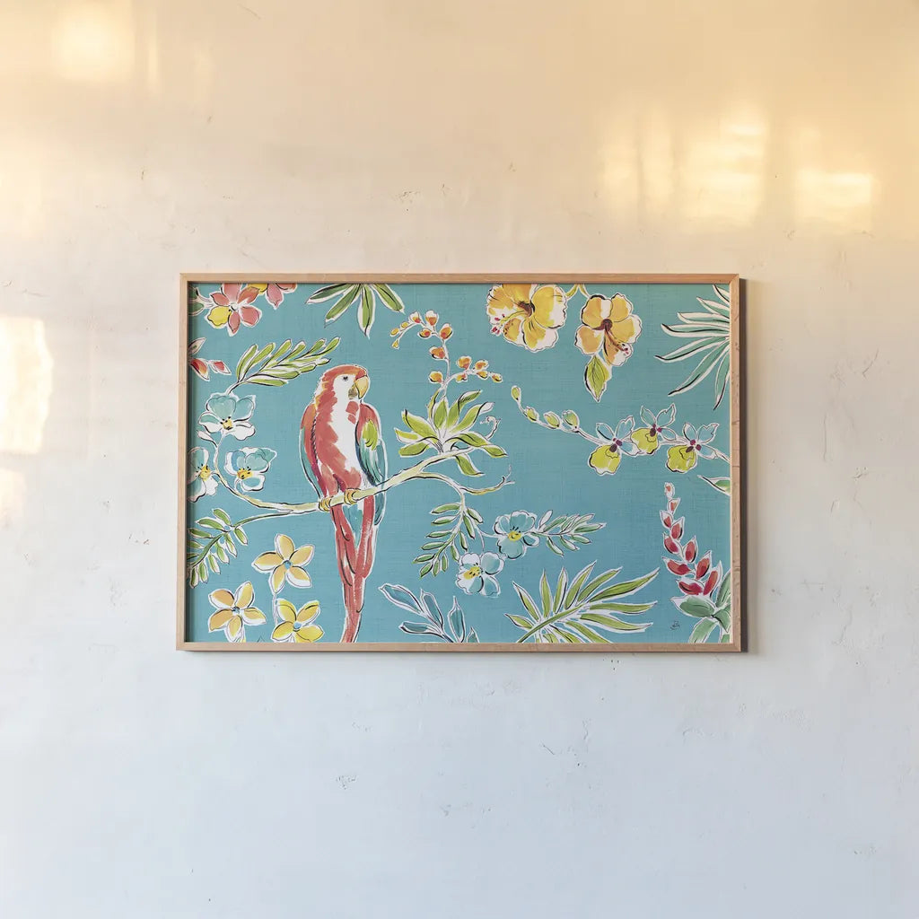 Tropical Oasis I by Daphne Brissonnet. shown as a paper print in a natural frame. Available as a archival giclee rolled canvas, fine art paper, or poster print. SKU 34959i.