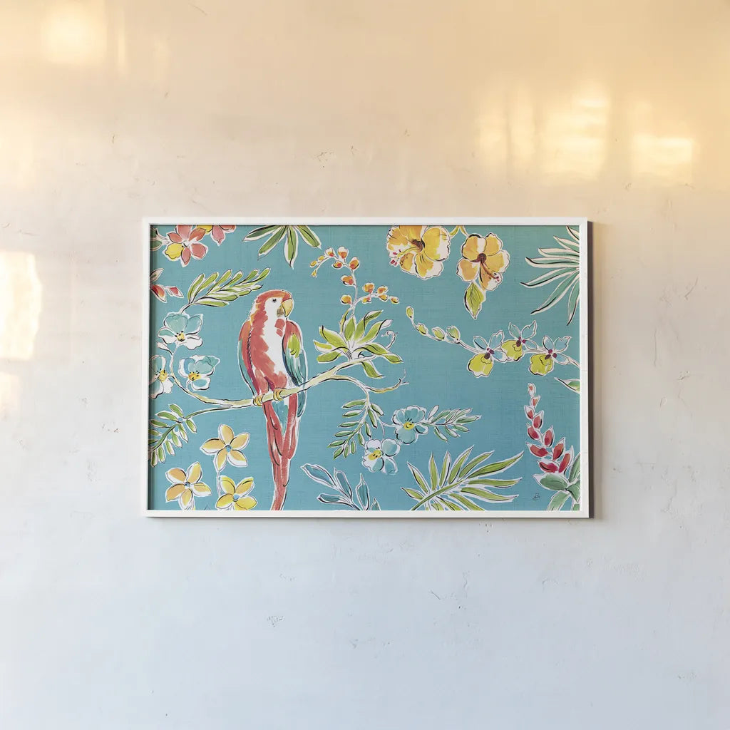Tropical Oasis I by Daphne Brissonnet. shown as a paper print in a white frame. Available as a archival giclee rolled canvas, fine art paper, or poster print. SKU 34959i.