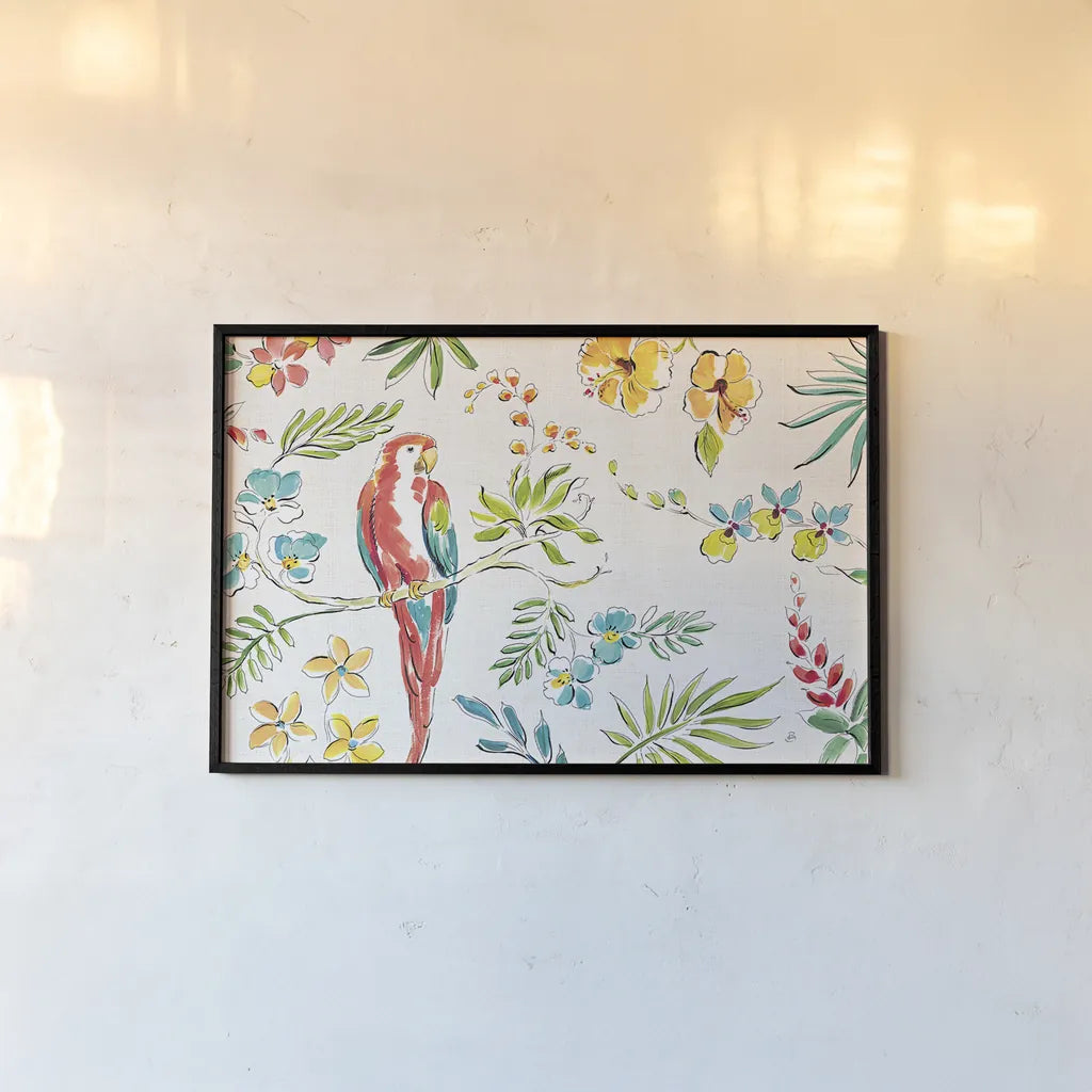 Tropical Oasis I White by Daphne Brissonnet. shown as a paper print in a black flame. Available as a archival giclee rolled canvas, fine art paper, or poster print. SKU 34968i.