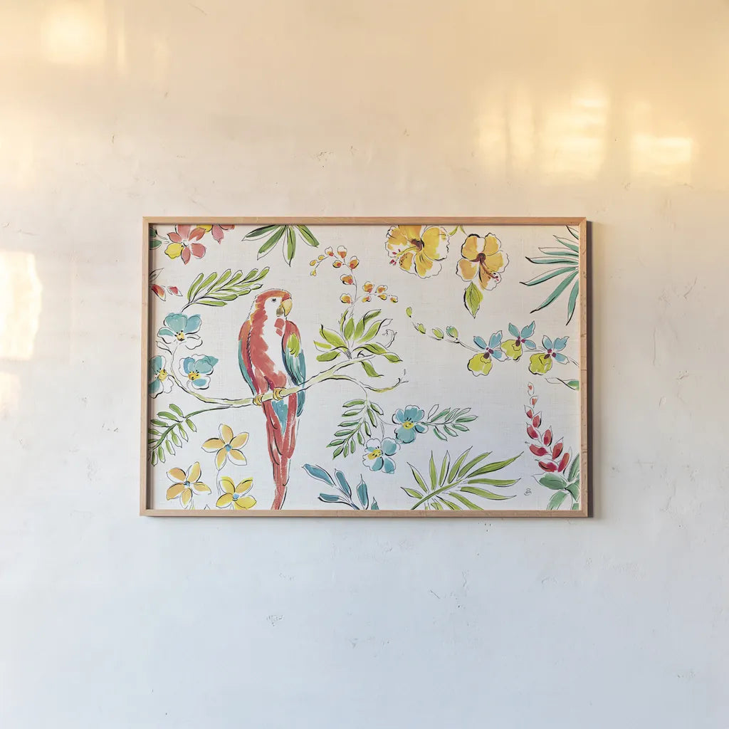 Tropical Oasis I White by Daphne Brissonnet. shown as a paper print in a natural frame. Available as a archival giclee rolled canvas, fine art paper, or poster print. SKU 34968i.