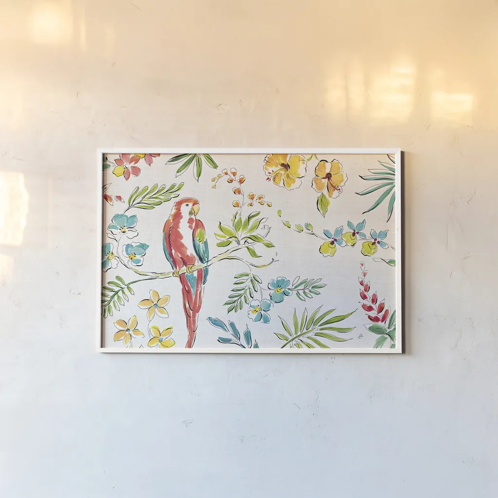 Tropical Oasis I White by Daphne Brissonnet. shown as a paper print in a white frame. Available as a archival giclee rolled canvas, fine art paper, or poster print. SKU 34968i.