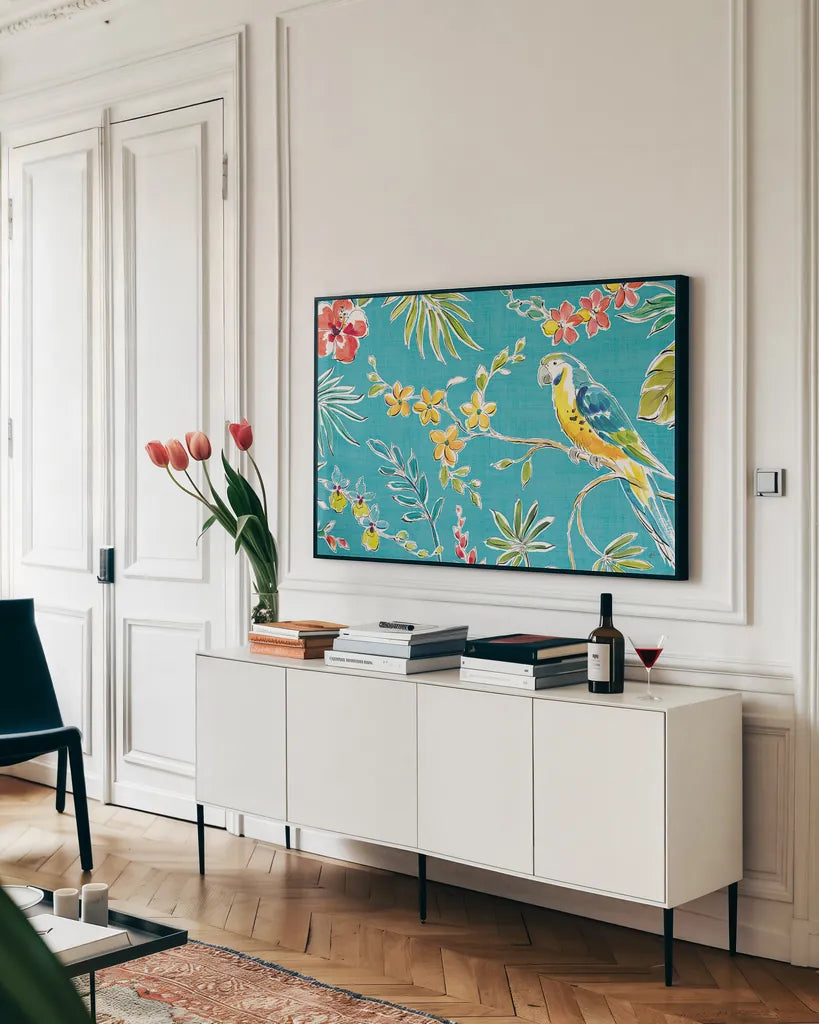 Tropical Oasis II by Daphne Brissonnet. shown as a framed stretched canvas in a living room above a console. Available as a archival giclee rolled canvas, fine art paper, or poster print. SKU 34960i.