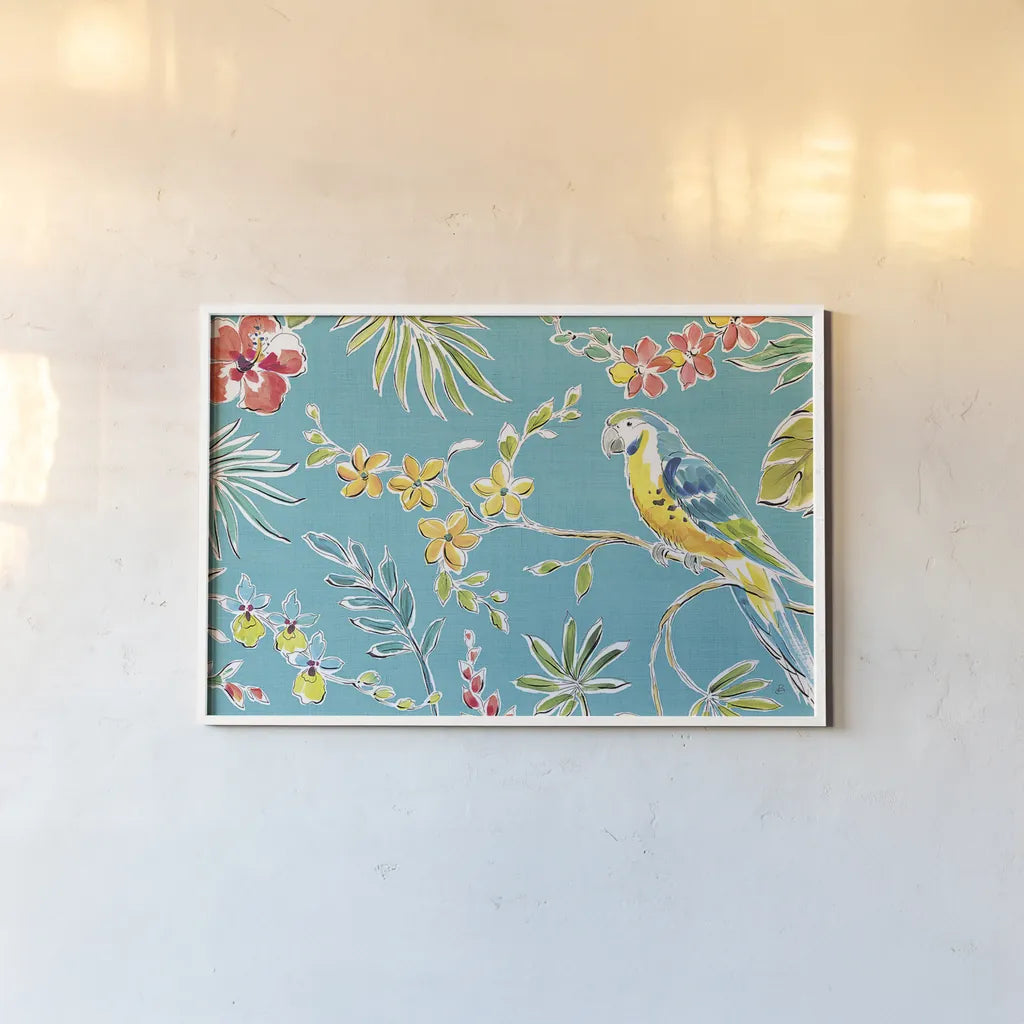 Tropical Oasis II by Daphne Brissonnet. shown as a paper print in a white frame. Available as a archival giclee rolled canvas, fine art paper, or poster print. SKU 34960i.