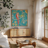 Tropical Oasis III by Daphne Brissonnet. Shown in a natural wood frame in a cozy modern living room. Available as an archival giclee rolled canvas, fine art paper, or poster print. SKU 34961a.