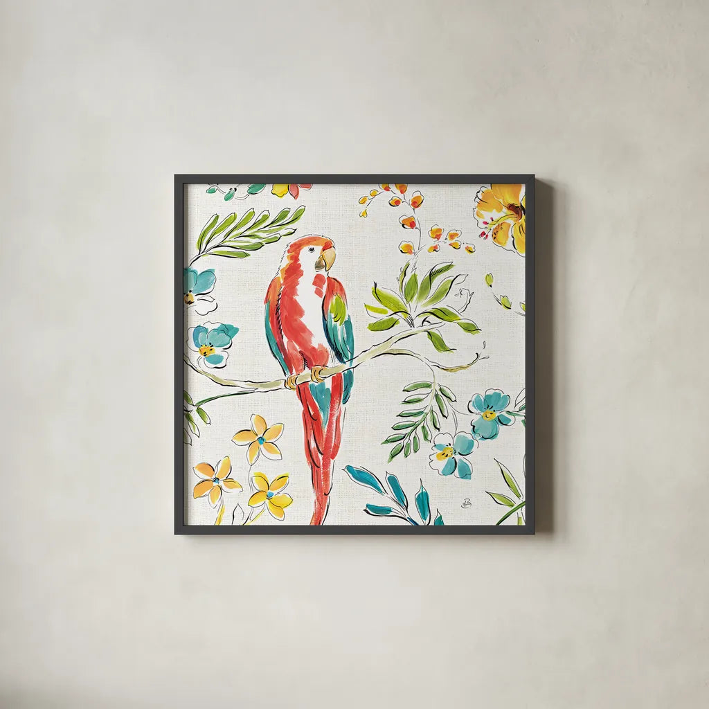 Tropical Oasis III White by Daphne Brissonnet. Shown in a sleek black glass frame for a contemporary gallery look. Available as an archival giclee rolled canvas, fine art paper, or poster print. SKU 34970a.