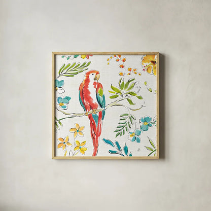 Tropical Oasis III White by Daphne Brissonnet. Shown in a natural wood glass frame for a timeless modern aesthetic. Available as an archival giclee rolled canvas, fine art paper, or poster print. SKU 34970a.