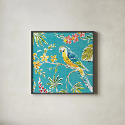 Tropical Oasis IV by Daphne Brissonnet. Shown in a sleek black glass frame for a contemporary gallery look. Available as an archival giclee rolled canvas, fine art paper, or poster print. SKU 34962a.