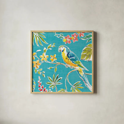 Tropical Oasis IV by Daphne Brissonnet. Shown in a natural wood glass frame for a timeless modern aesthetic. Available as an archival giclee rolled canvas, fine art paper, or poster print. SKU 34962a.