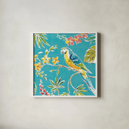 Tropical Oasis IV by Daphne Brissonnet. Shown in a crisp white glass frame for a clean and minimalist style. Available as an archival giclee rolled canvas, fine art paper, or poster print. SKU 34962a.