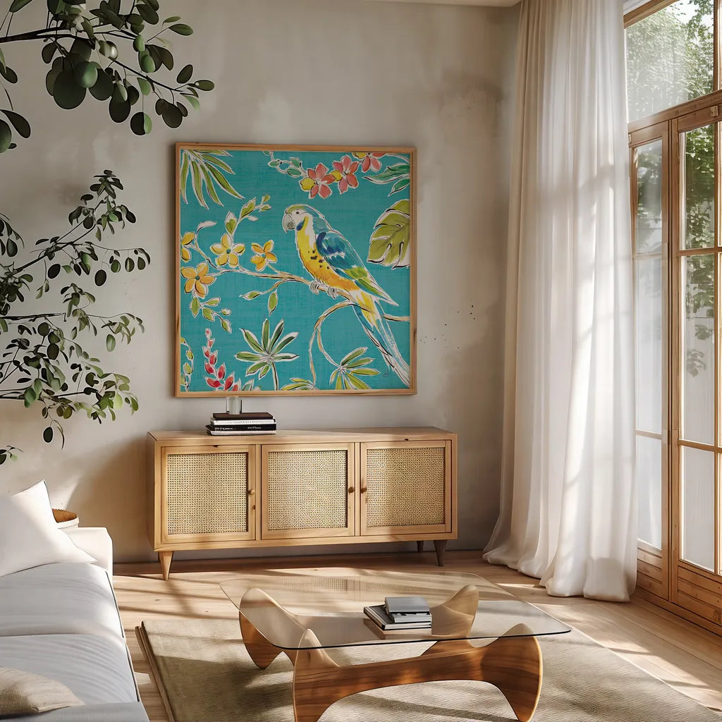 Tropical Oasis IV by Daphne Brissonnet. Shown in a natural wood frame in a cozy modern living room. Available as an archival giclee rolled canvas, fine art paper, or poster print. SKU 34962a.