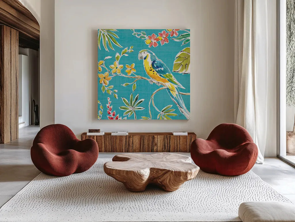 Tropical Oasis IV by Daphne Brissonnet. Shown as extra-large giant wall art in a modern living room. Available as an archival giclee rolled canvas, fine art paper, or poster print. SKU 34962a.