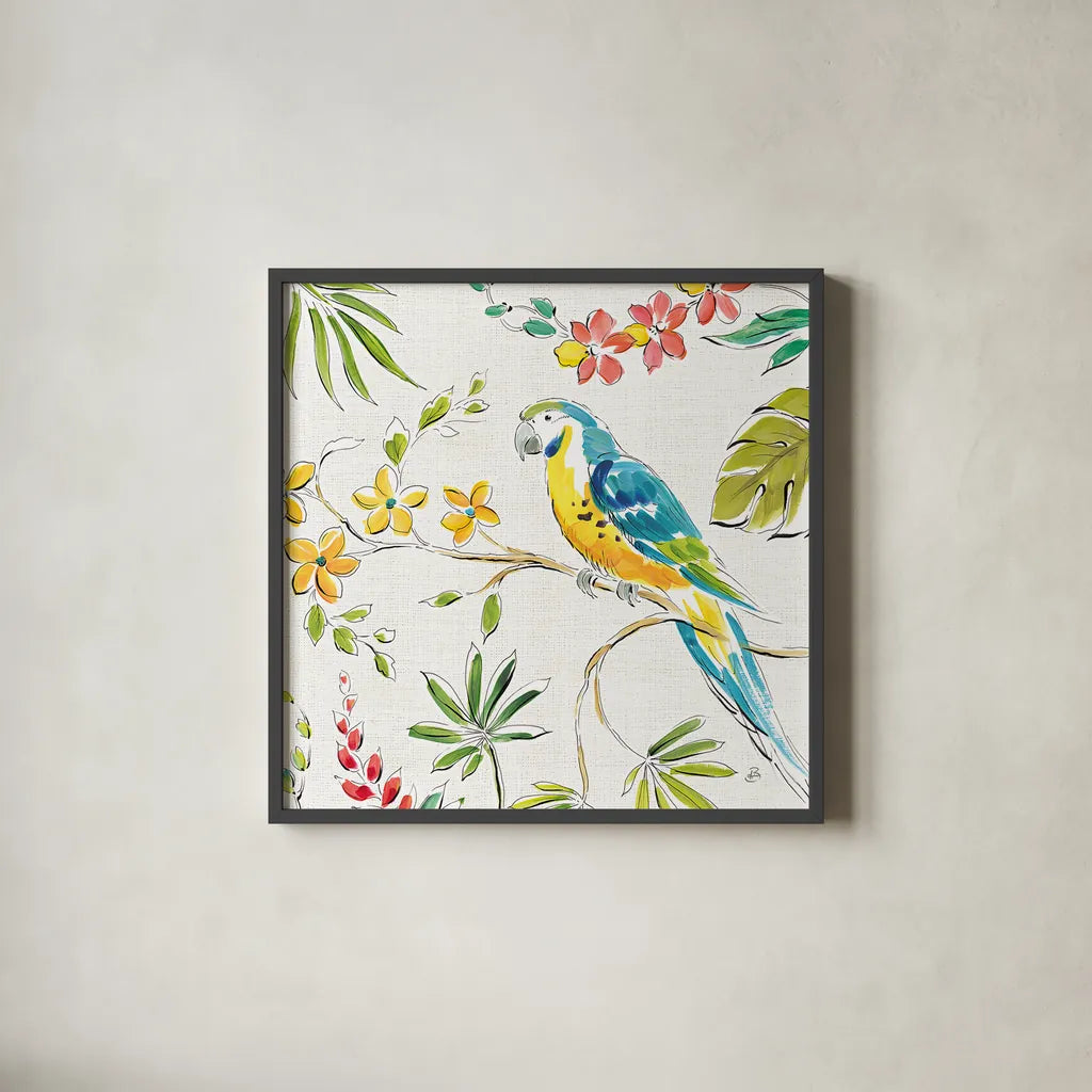 Tropical Oasis IV White by Daphne Brissonnet. Shown in a sleek black glass frame for a contemporary gallery look. Available as an archival giclee rolled canvas, fine art paper, or poster print. SKU 34971a.