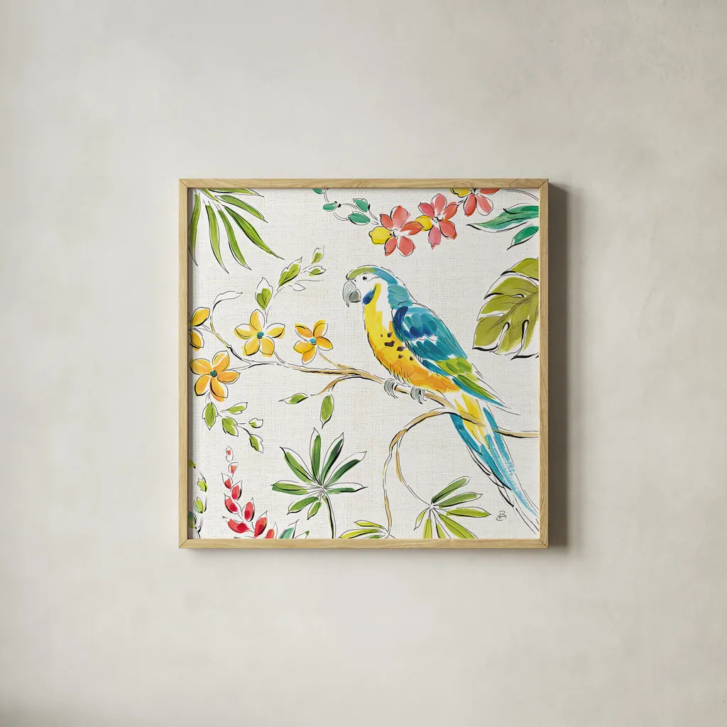 Tropical Oasis IV White by Daphne Brissonnet. Shown in a natural wood glass frame for a timeless modern aesthetic. Available as an archival giclee rolled canvas, fine art paper, or poster print. SKU 34971a.