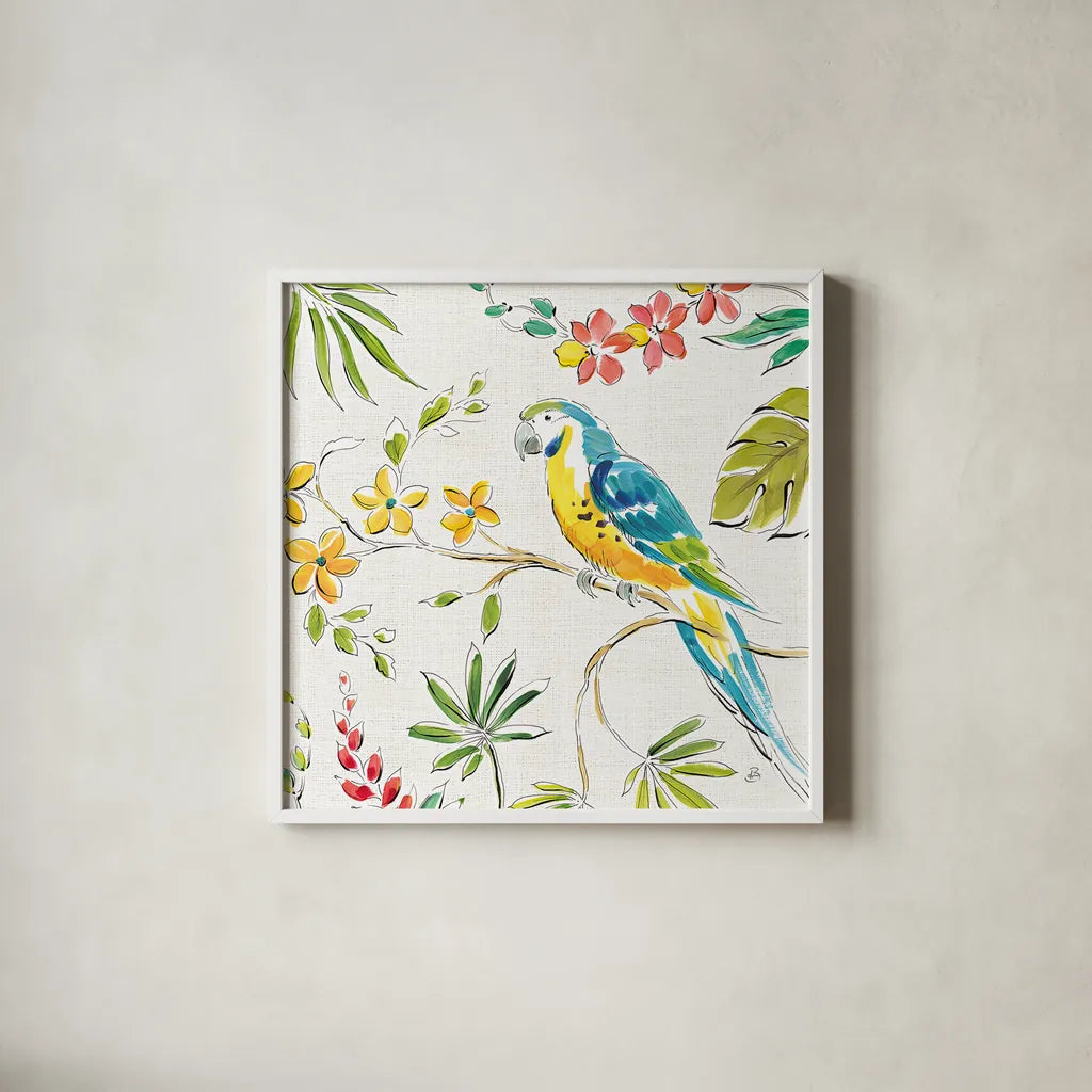 Tropical Oasis IV White by Daphne Brissonnet. Shown in a crisp white glass frame for a clean and minimalist style. Available as an archival giclee rolled canvas, fine art paper, or poster print. SKU 34971a.