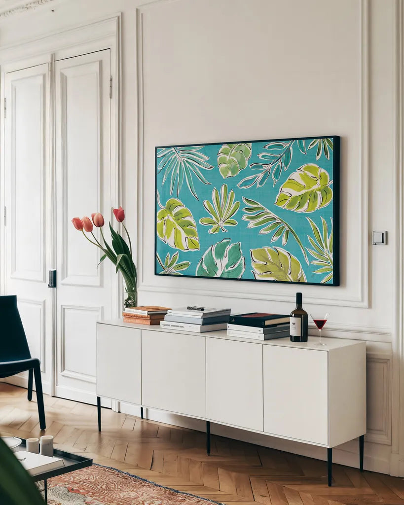 Tropical Oasis IX by Daphne Brissonnet. shown as a framed stretched canvas in a living room above a console. Available as a archival giclee rolled canvas, fine art paper, or poster print. SKU 34967i.