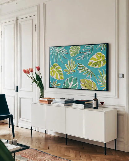 Tropical Oasis IX by Daphne Brissonnet. shown as a framed stretched canvas in a living room above a console. Available as a archival giclee rolled canvas, fine art paper, or poster print. SKU 34967i.