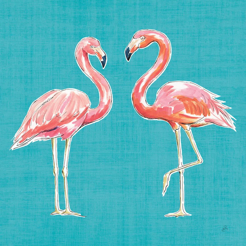 Tropical Oasis Pink Flamingos by Daphne Brissonnet. SKU 34976a. Archival Giclee Fine art print for wall decor.