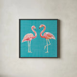 Tropical Oasis Pink Flamingos by Daphne Brissonnet. Shown in a sleek black glass frame for a contemporary gallery look. Available as an archival giclee rolled canvas, fine art paper, or poster print. SKU 34976a.