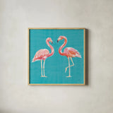 Tropical Oasis Pink Flamingos by Daphne Brissonnet. Shown in a natural wood glass frame for a timeless modern aesthetic. Available as an archival giclee rolled canvas, fine art paper, or poster print. SKU 34976a.