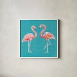 Tropical Oasis Pink Flamingos by Daphne Brissonnet. Shown in a crisp white glass frame for a clean and minimalist style. Available as an archival giclee rolled canvas, fine art paper, or poster print. SKU 34976a.