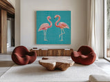 Tropical Oasis Pink Flamingos by Daphne Brissonnet. Shown as extra-large giant wall art in a modern living room. Available as an archival giclee rolled canvas, fine art paper, or poster print. SKU 34976a.