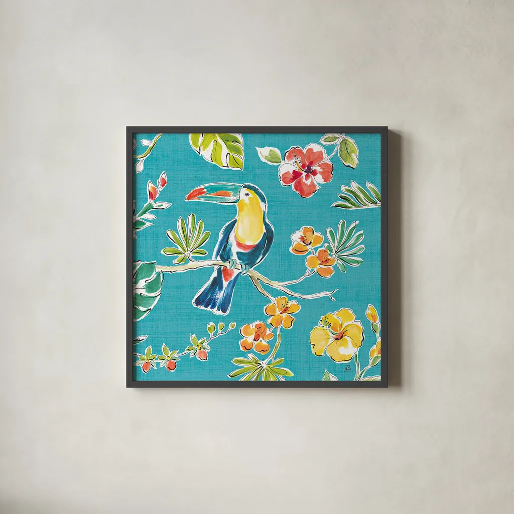 Tropical Oasis V by Daphne Brissonnet. Shown in a sleek black glass frame for a contemporary gallery look. Available as an archival giclee rolled canvas, fine art paper, or poster print. SKU 34963a.