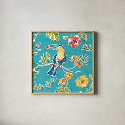 Tropical Oasis V by Daphne Brissonnet. Shown in a natural wood glass frame for a timeless modern aesthetic. Available as an archival giclee rolled canvas, fine art paper, or poster print. SKU 34963a.