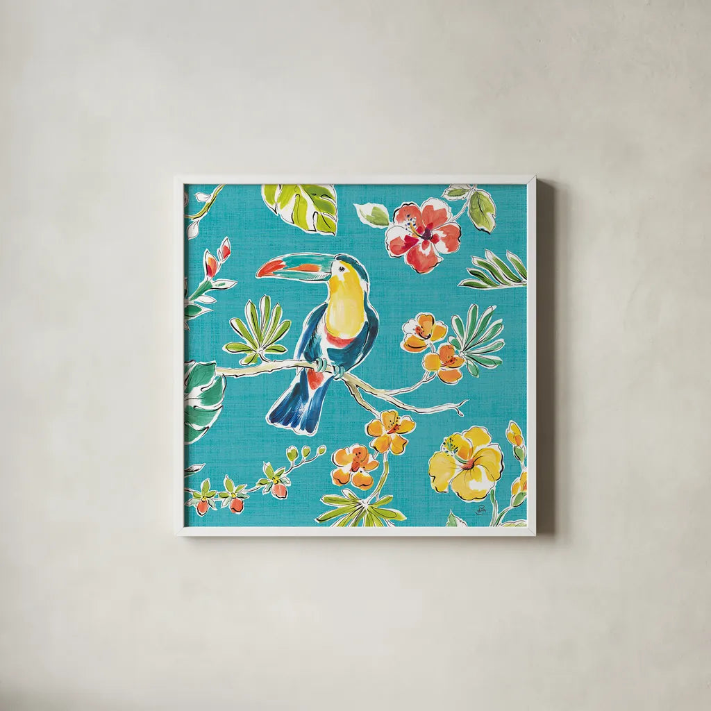 Tropical Oasis V by Daphne Brissonnet. Shown in a crisp white glass frame for a clean and minimalist style. Available as an archival giclee rolled canvas, fine art paper, or poster print. SKU 34963a.