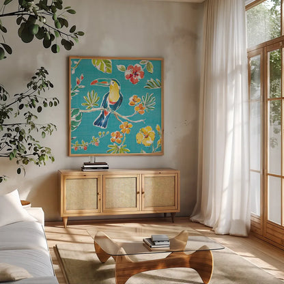 Tropical Oasis V by Daphne Brissonnet. Shown in a natural wood frame in a cozy modern living room. Available as an archival giclee rolled canvas, fine art paper, or poster print. SKU 34963a.