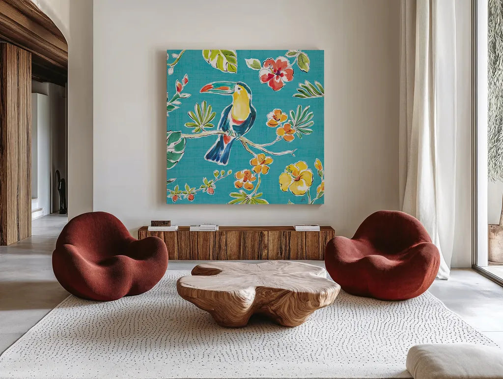 Tropical Oasis V by Daphne Brissonnet. Shown as extra-large giant wall art in a modern living room. Available as an archival giclee rolled canvas, fine art paper, or poster print. SKU 34963a.