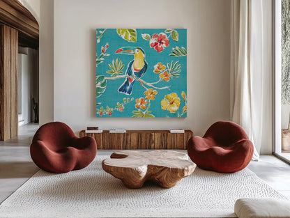 Tropical Oasis V by Daphne Brissonnet. Shown as extra-large giant wall art in a modern living room. Available as an archival giclee rolled canvas, fine art paper, or poster print. SKU 34963a.