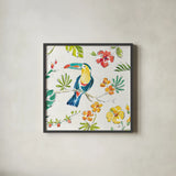 Tropical Oasis V White by Daphne Brissonnet. Shown in a sleek black glass frame for a contemporary gallery look. Available as an archival giclee rolled canvas, fine art paper, or poster print. SKU 34972a.