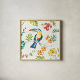 Tropical Oasis V White by Daphne Brissonnet. Shown in a natural wood glass frame for a timeless modern aesthetic. Available as an archival giclee rolled canvas, fine art paper, or poster print. SKU 34972a.