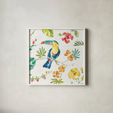 Tropical Oasis V White by Daphne Brissonnet. Shown in a crisp white glass frame for a clean and minimalist style. Available as an archival giclee rolled canvas, fine art paper, or poster print. SKU 34972a.