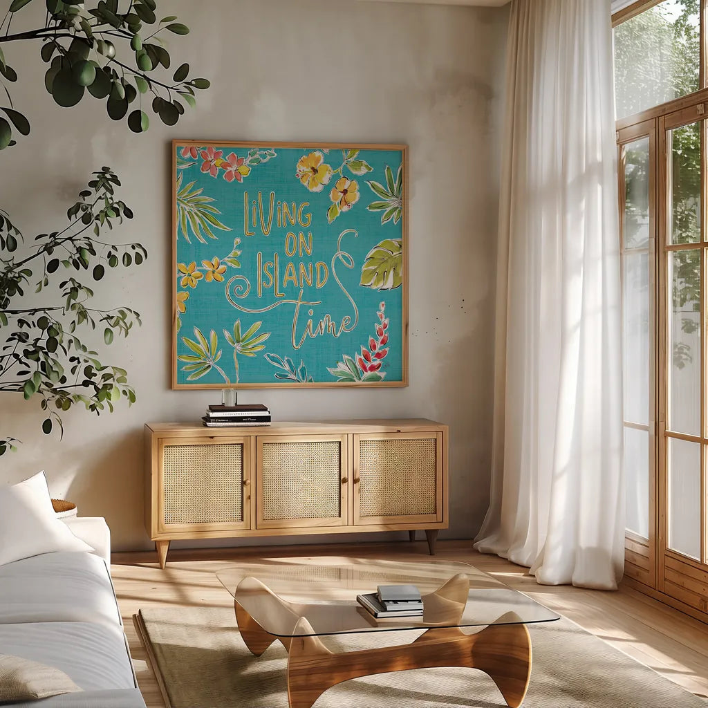 Tropical Oasis VI by Daphne Brissonnet. Shown in a natural wood frame in a cozy modern living room. Available as an archival giclee rolled canvas, fine art paper, or poster print. SKU 34964a.
