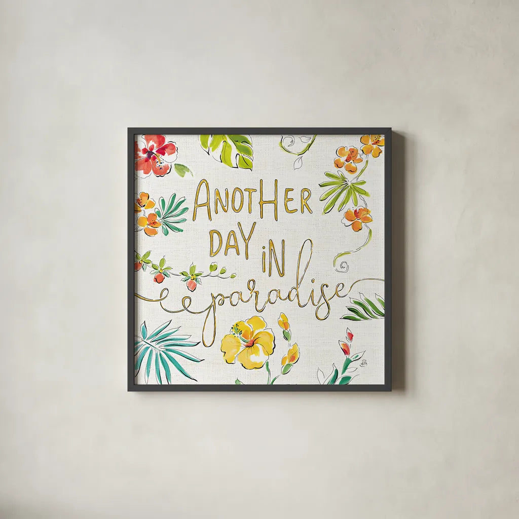 Tropical Oasis VII White by Daphne Brissonnet. Shown in a sleek black glass frame for a contemporary gallery look. Available as an archival giclee rolled canvas, fine art paper, or poster print. SKU 34974a.