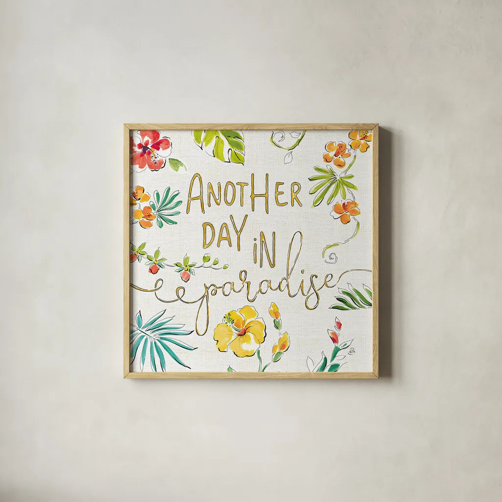 Tropical Oasis VII White by Daphne Brissonnet. Shown in a natural wood glass frame for a timeless modern aesthetic. Available as an archival giclee rolled canvas, fine art paper, or poster print. SKU 34974a.