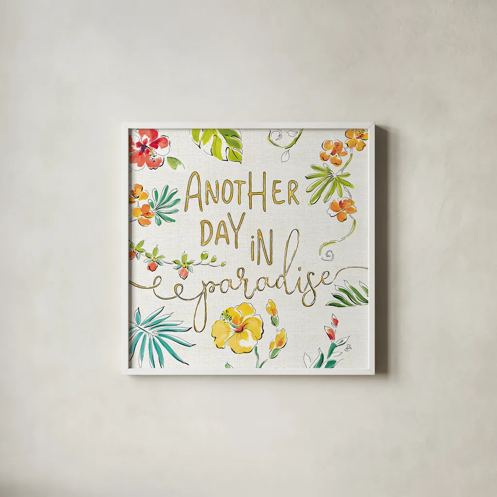 Tropical Oasis VII White by Daphne Brissonnet. Shown in a crisp white glass frame for a clean and minimalist style. Available as an archival giclee rolled canvas, fine art paper, or poster print. SKU 34974a.