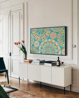 Tropical Oasis VIII by Daphne Brissonnet. shown as a framed stretched canvas in a living room above a console. Available as a archival giclee rolled canvas, fine art paper, or poster print. SKU 34966i.
