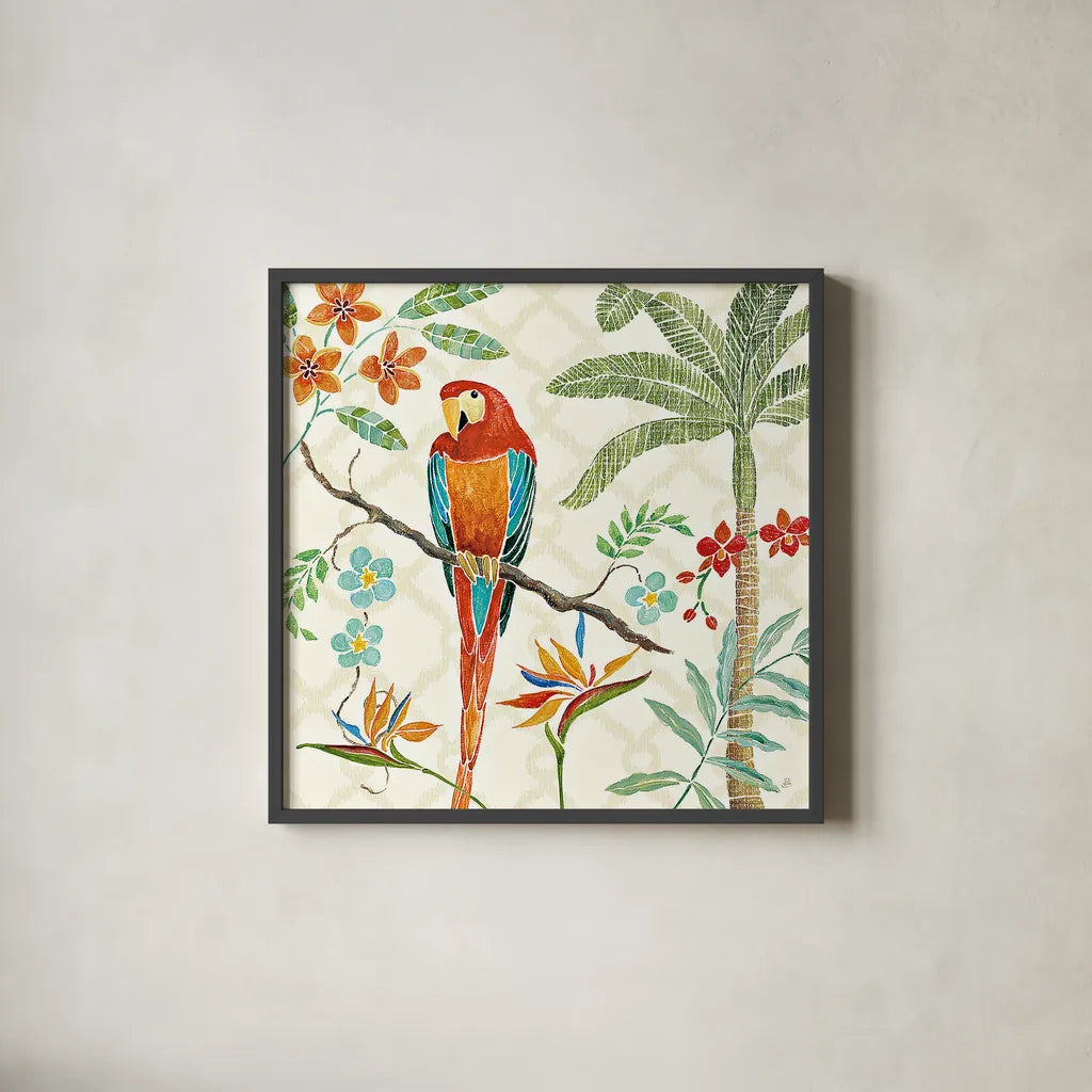 Tropical Paradise II by Daphne Brissonnet. Shown in a sleek black glass frame for a contemporary gallery look. Available as an archival giclee rolled canvas, fine art paper, or poster print. SKU 10569a.