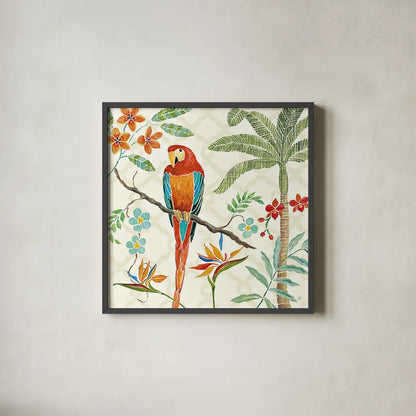 Tropical Paradise II by Daphne Brissonnet. Shown in a sleek black glass frame for a contemporary gallery look. Available as an archival giclee rolled canvas, fine art paper, or poster print. SKU 10569a.