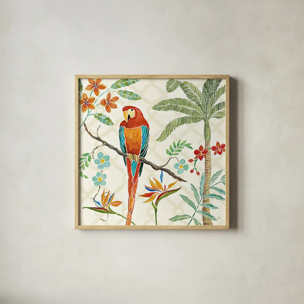 Tropical Paradise II by Daphne Brissonnet. Shown in a natural wood glass frame for a timeless modern aesthetic. Available as an archival giclee rolled canvas, fine art paper, or poster print. SKU 10569a.