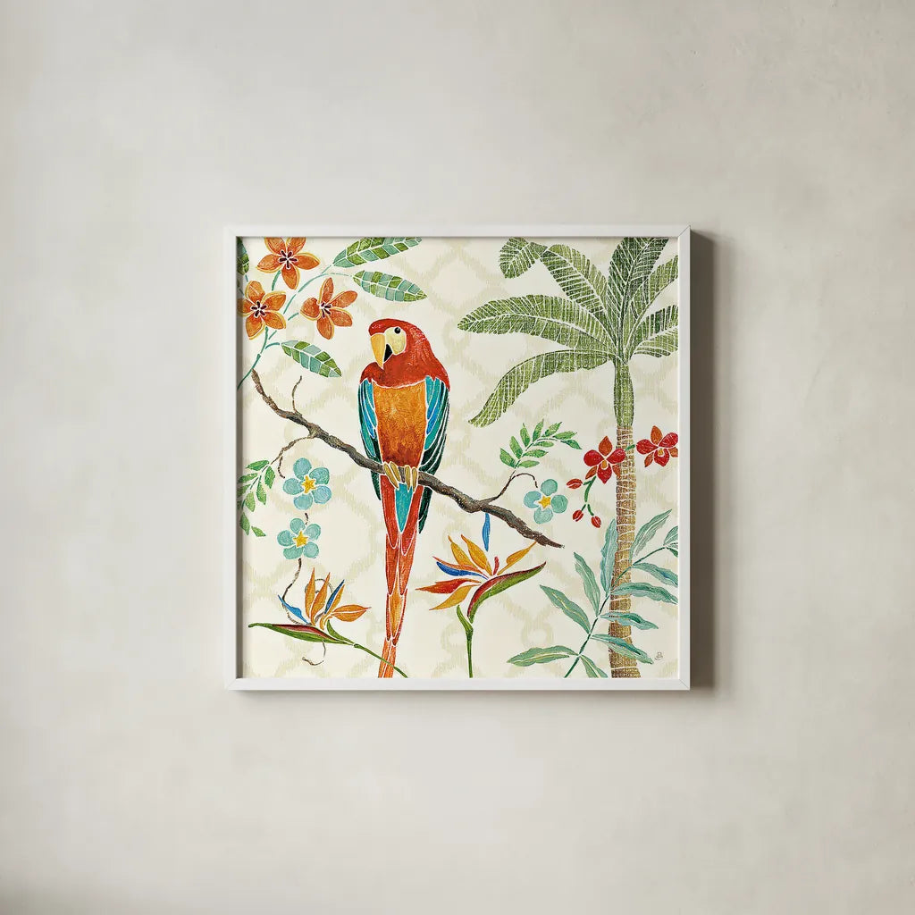 Tropical Paradise II by Daphne Brissonnet. Shown in a crisp white glass frame for a clean and minimalist style. Available as an archival giclee rolled canvas, fine art paper, or poster print. SKU 10569a.